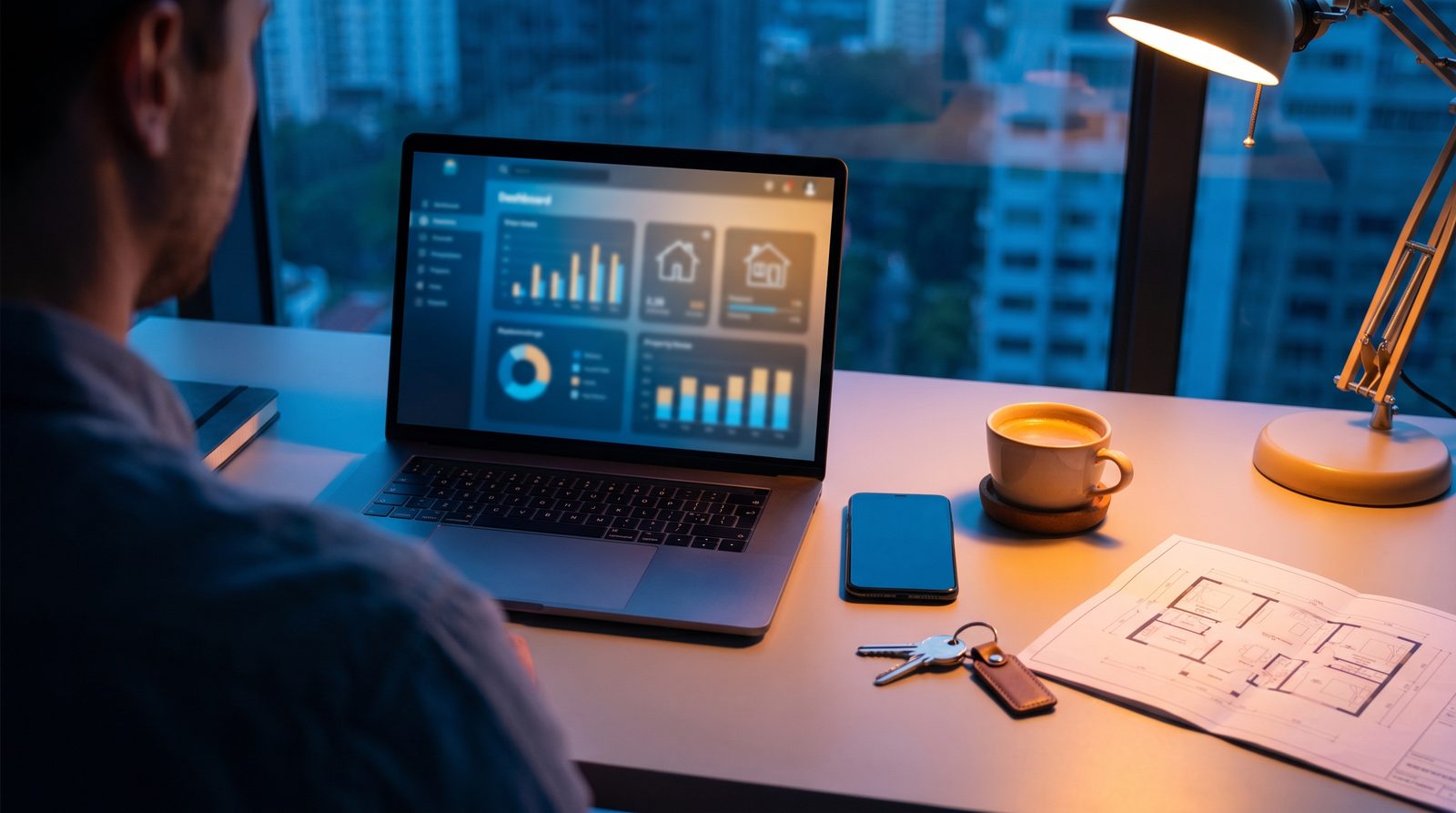 An estate agent's desk with a laptop showing a property analytics dashboard, phone and floorplan