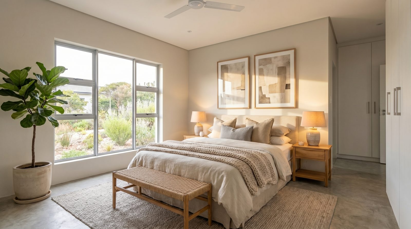 The same bedroom staged with a queen bed, neutral linen, side tables, lamps and soft art