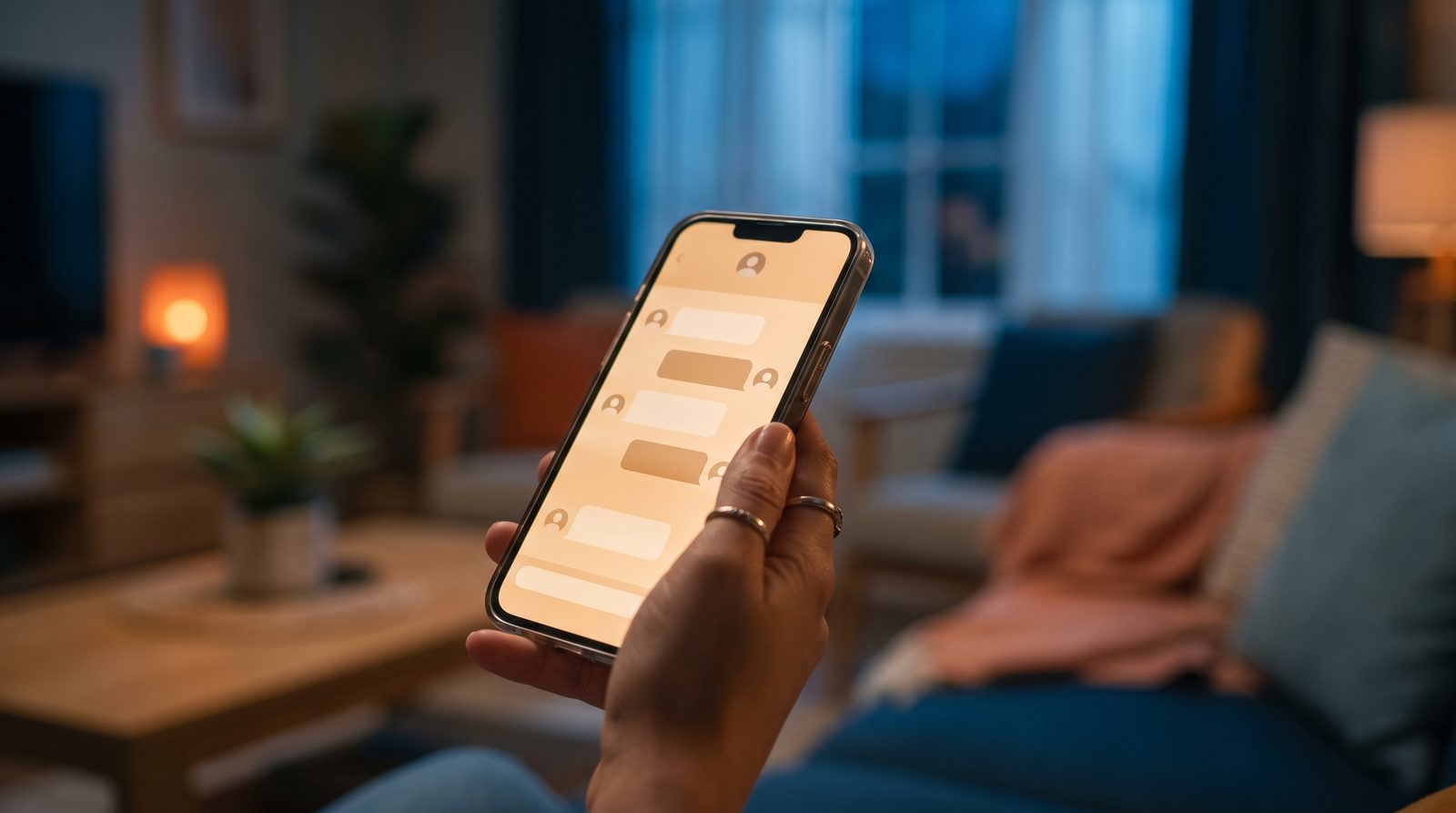 A smartphone showing an AI chatbot answering a property enquiry, in a softly lit South African home