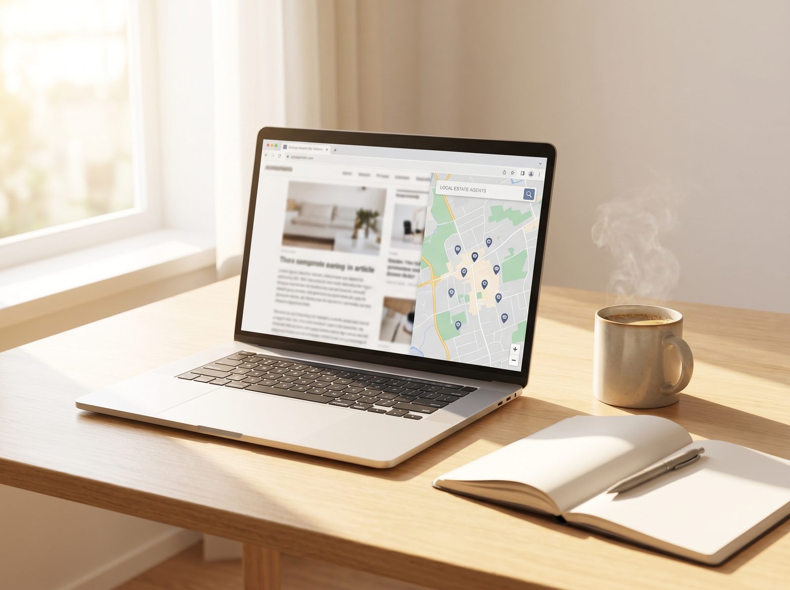 A laptop showing a clean article and a local map search result for an estate agent, with a coffee and notebook beside it