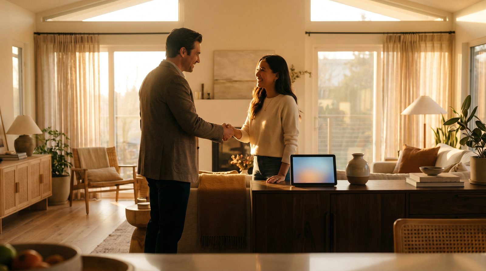 A South African estate agent shaking hands with a happy client in a home, with a tablet showing AI assistance nearby