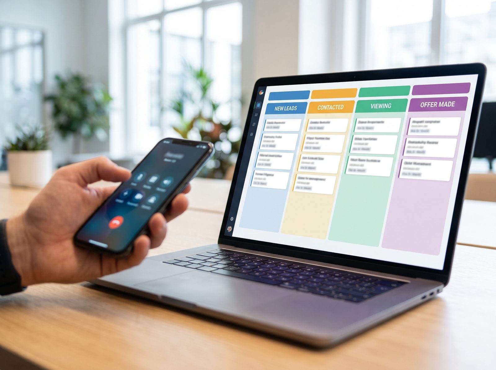 A sales pipeline CRM board on a laptop beside an agent's hand on a phone, conveying fast follow-up