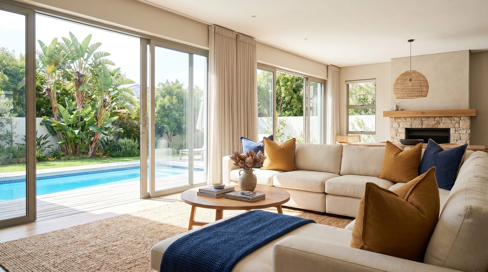 A still listing photo of a sunlit South African living room before it becomes an AI video tour