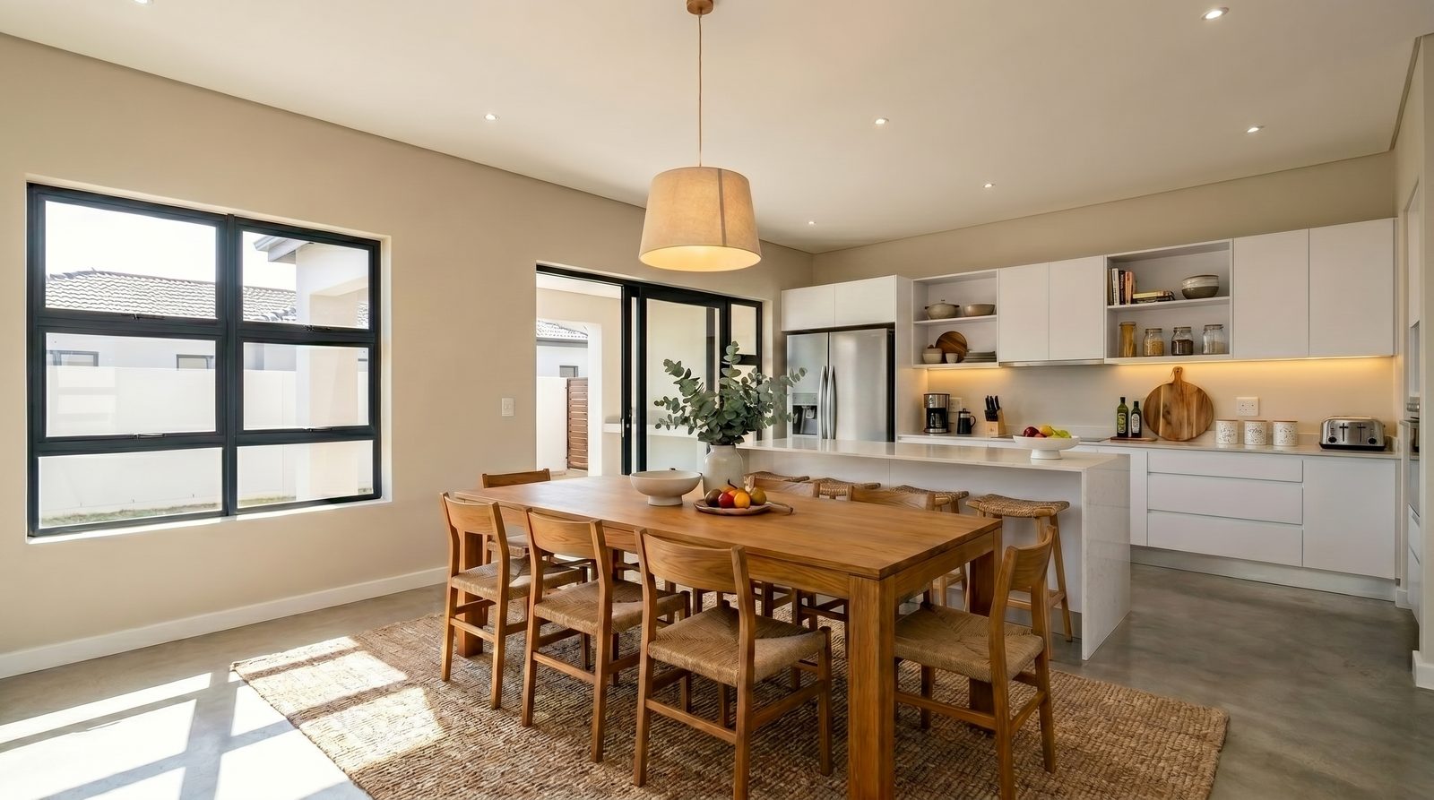 The same dining area tastefully staged with a six-seat table, simple centrepiece and a rug
