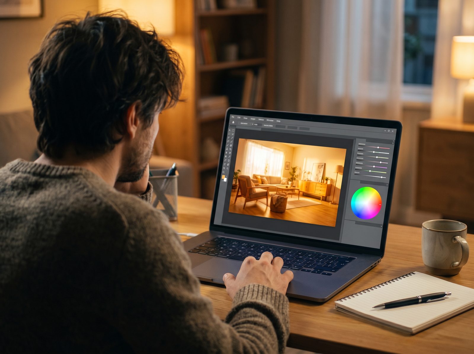 A photographer editing and colour-correcting a property photo on a laptop