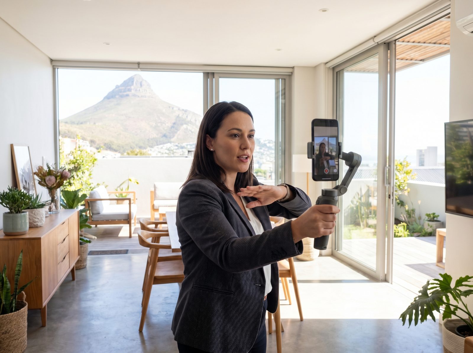 An estate agent recording a smooth video walkthrough of a sunlit South African living room on a smartphone gimbal