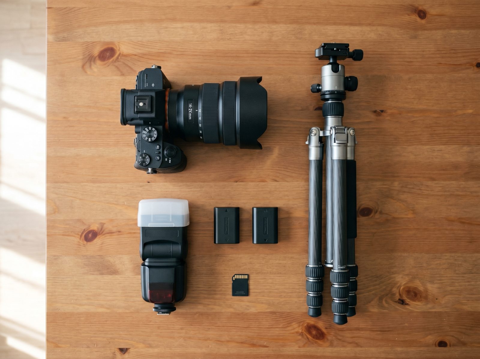 A flat-lay of essential real estate photography gear: mirrorless camera, wide-angle lens, tripod and flash