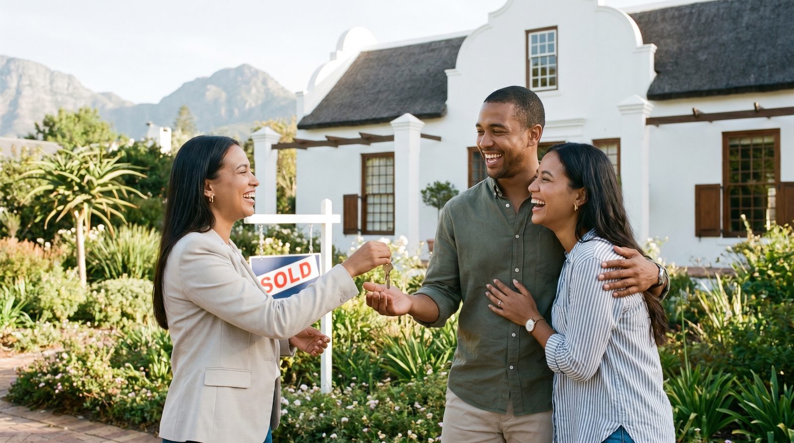 A happy seller handing over house keys outside a South African home with a Sold board in the frame