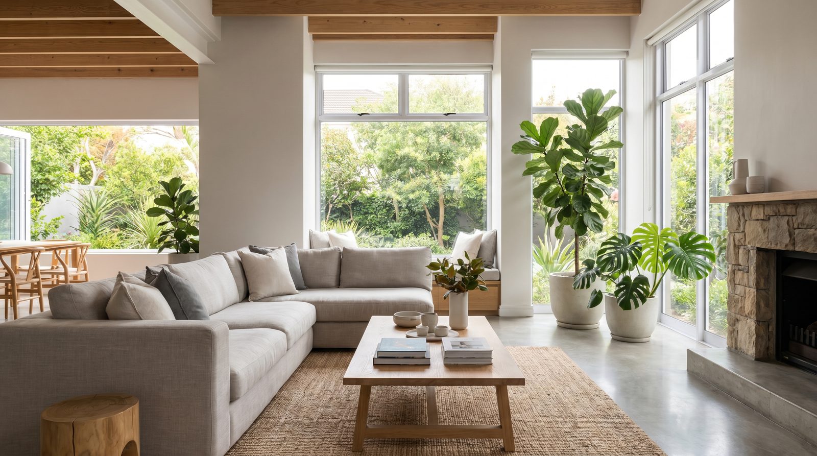 A bright, virtually staged open-plan living room in a modern South African home, furnished in a warm-neutral palette with large windows and natural daylight