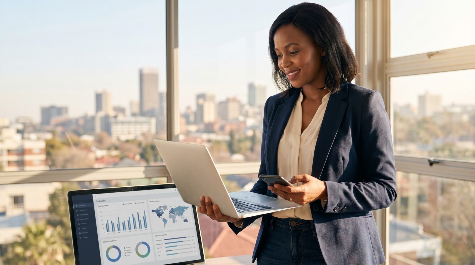 A confident South African estate agent in a bright home office reviewing a property-leads dashboard on a laptop, a city skyline through the window behind