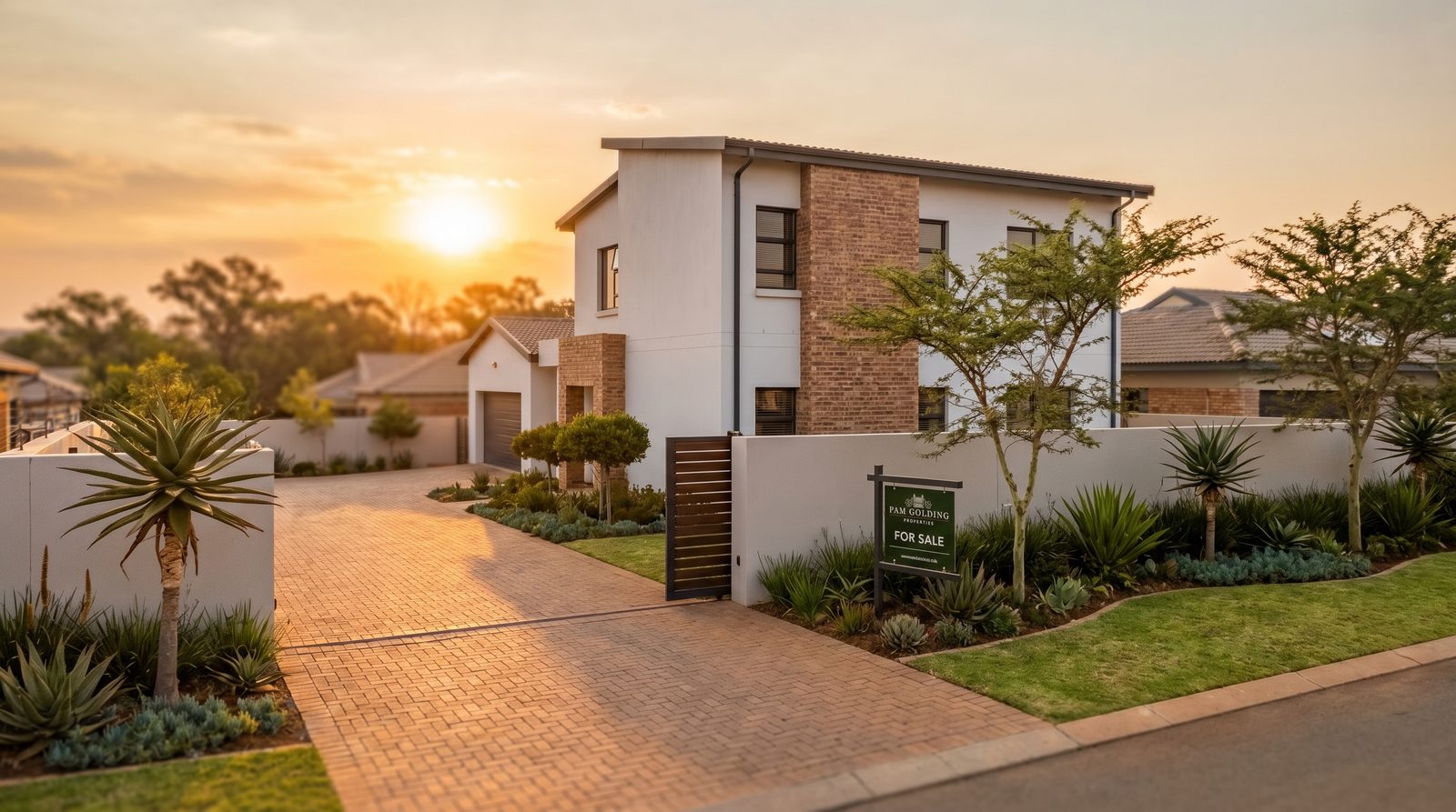 A sunlit modern South African suburban home with strong kerb appeal and a For Sale board near the gate at golden hour