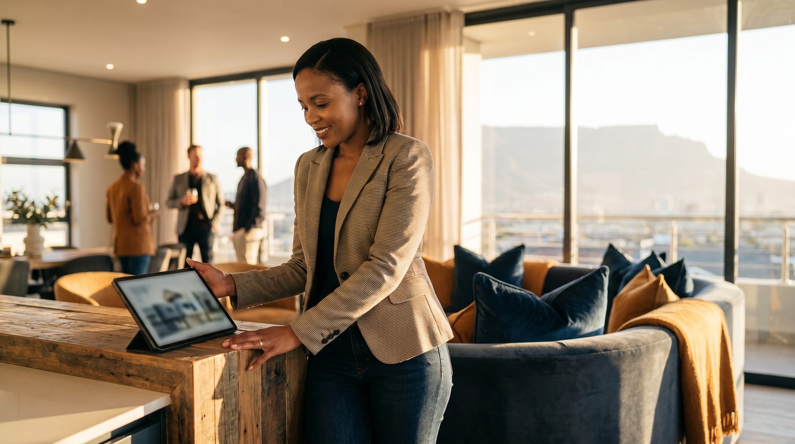A confident South African estate agent reviewing an AI property dashboard on a tablet in a sunlit modern show-home