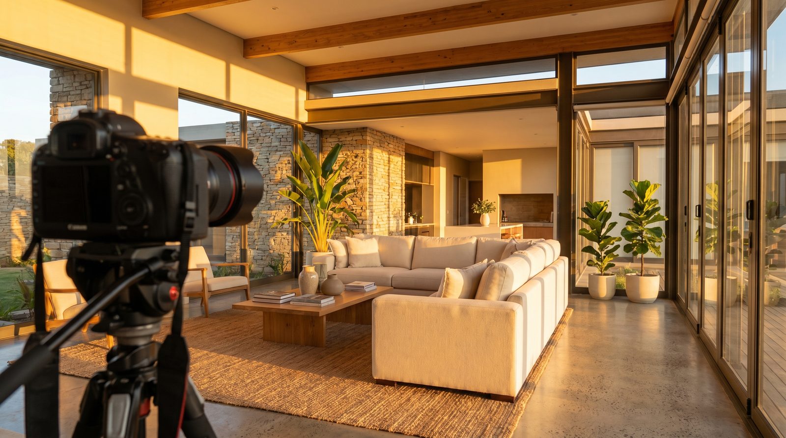 A sunlit modern South African open-plan living room photographed at golden hour with a camera on a tripod in the foreground