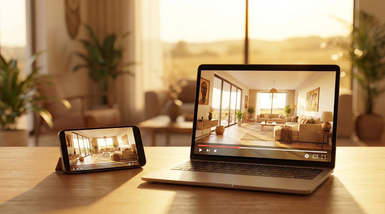 A laptop and a smartphone on a desk both playing a property video tour, with a sunlit South African home in the background