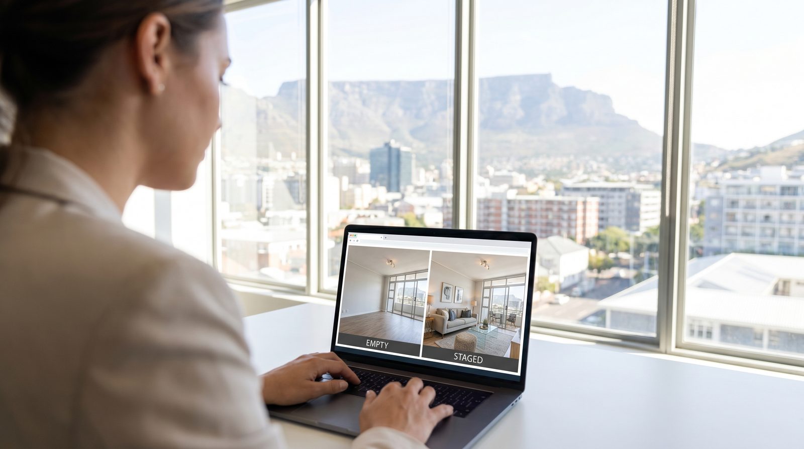 An estate agent at a laptop uploading a property photo into an interface showing a before-and-after staged-room comparison