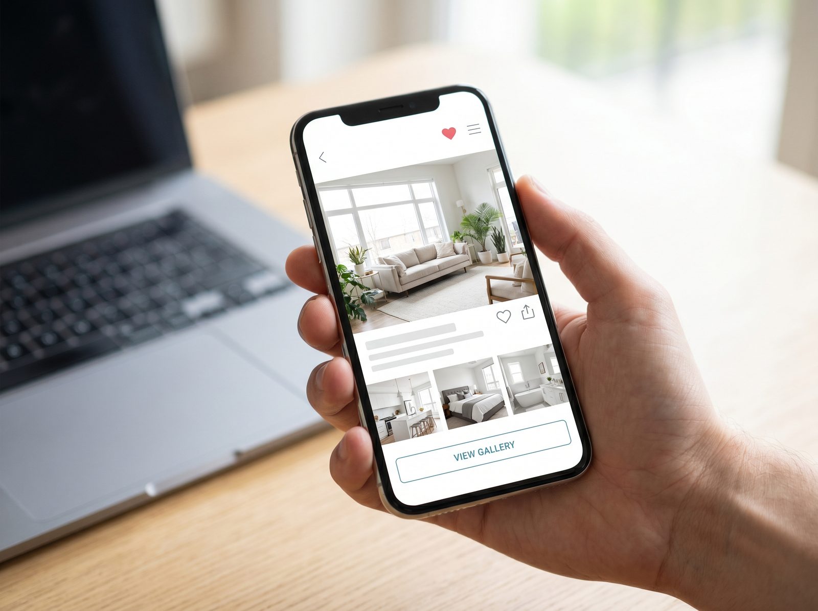 A smartphone showing a polished property listing gallery with a bright living room as the lead photo