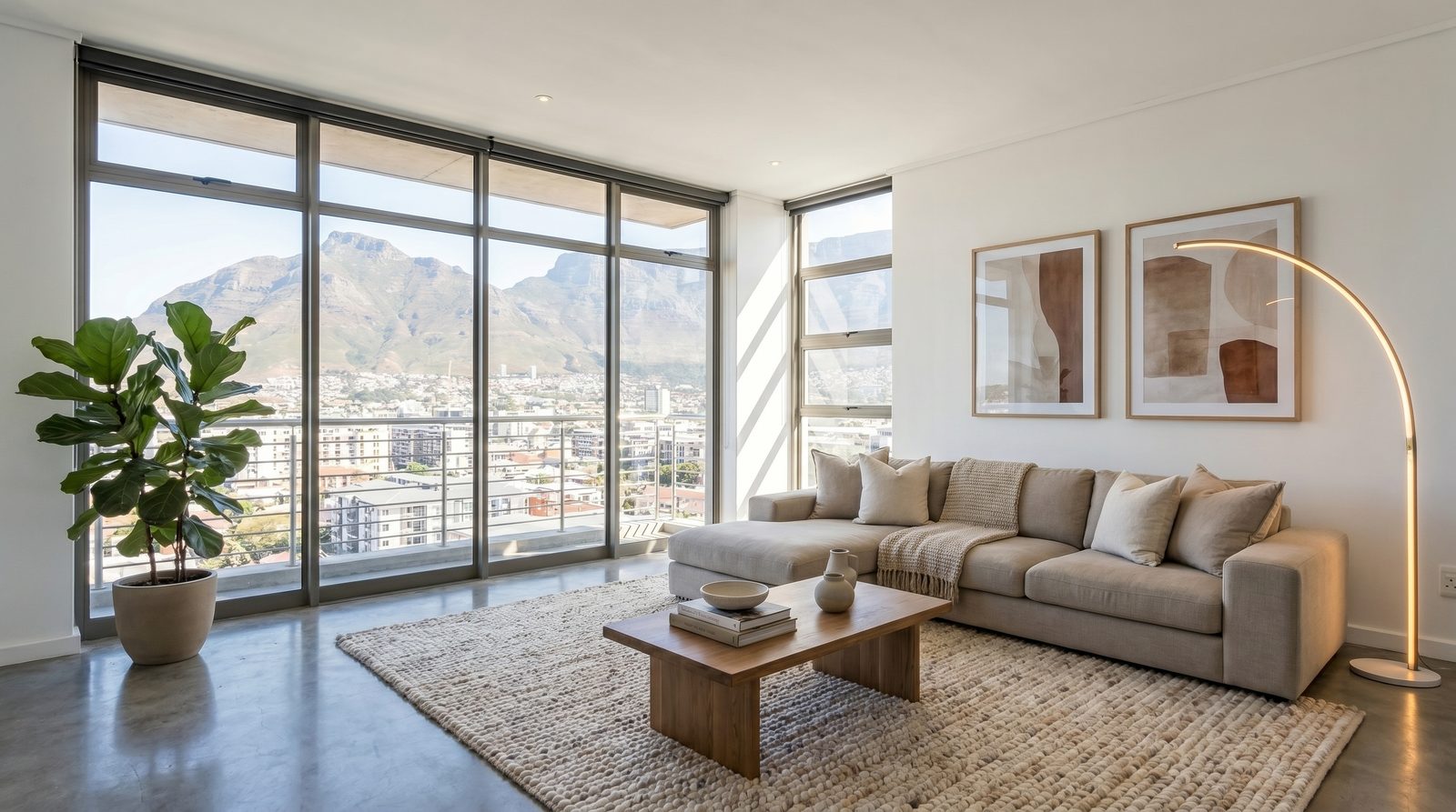The same living room virtually staged with a neutral sofa, coffee table, rug, art and plants