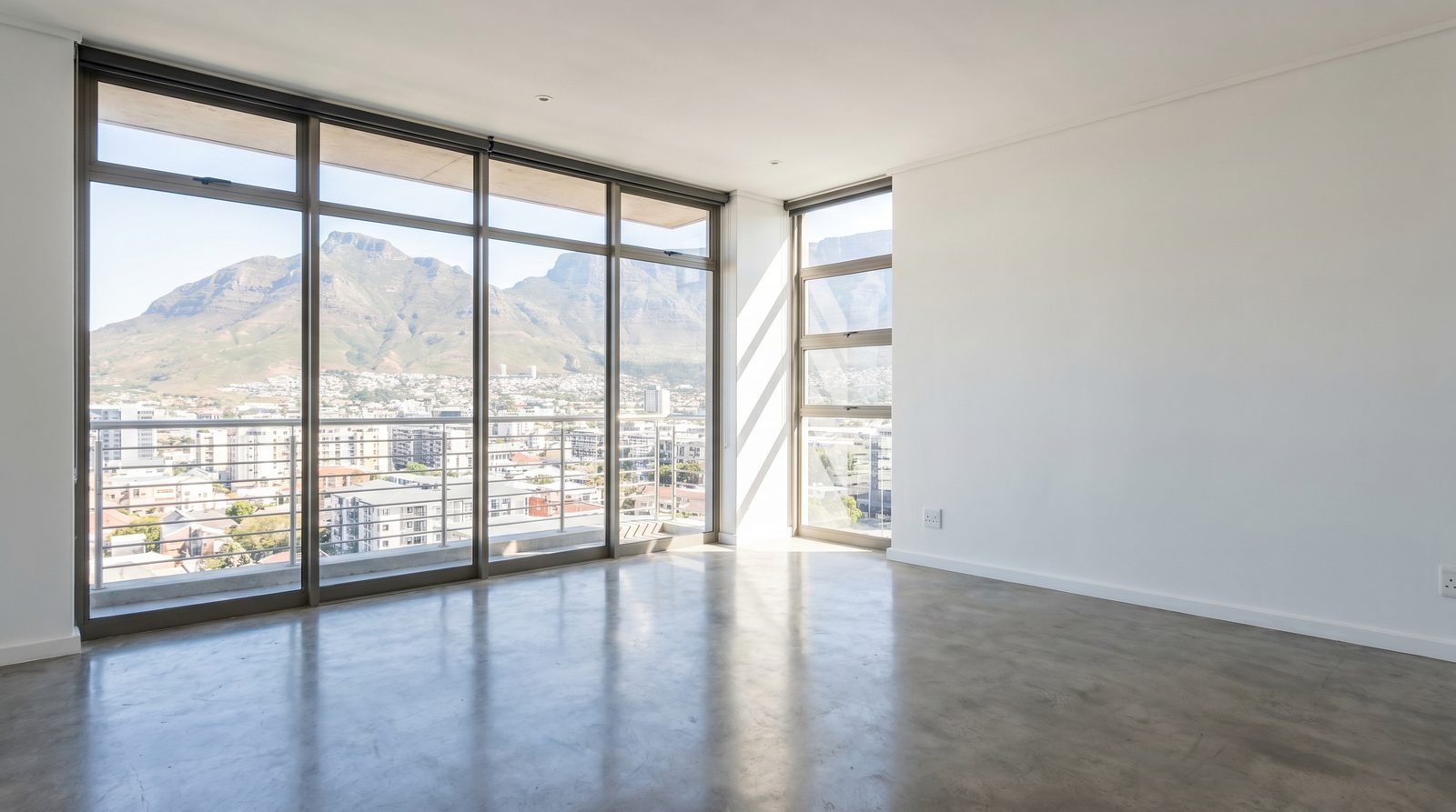 An empty open-plan living room in a modern South African home with bare floors and white walls