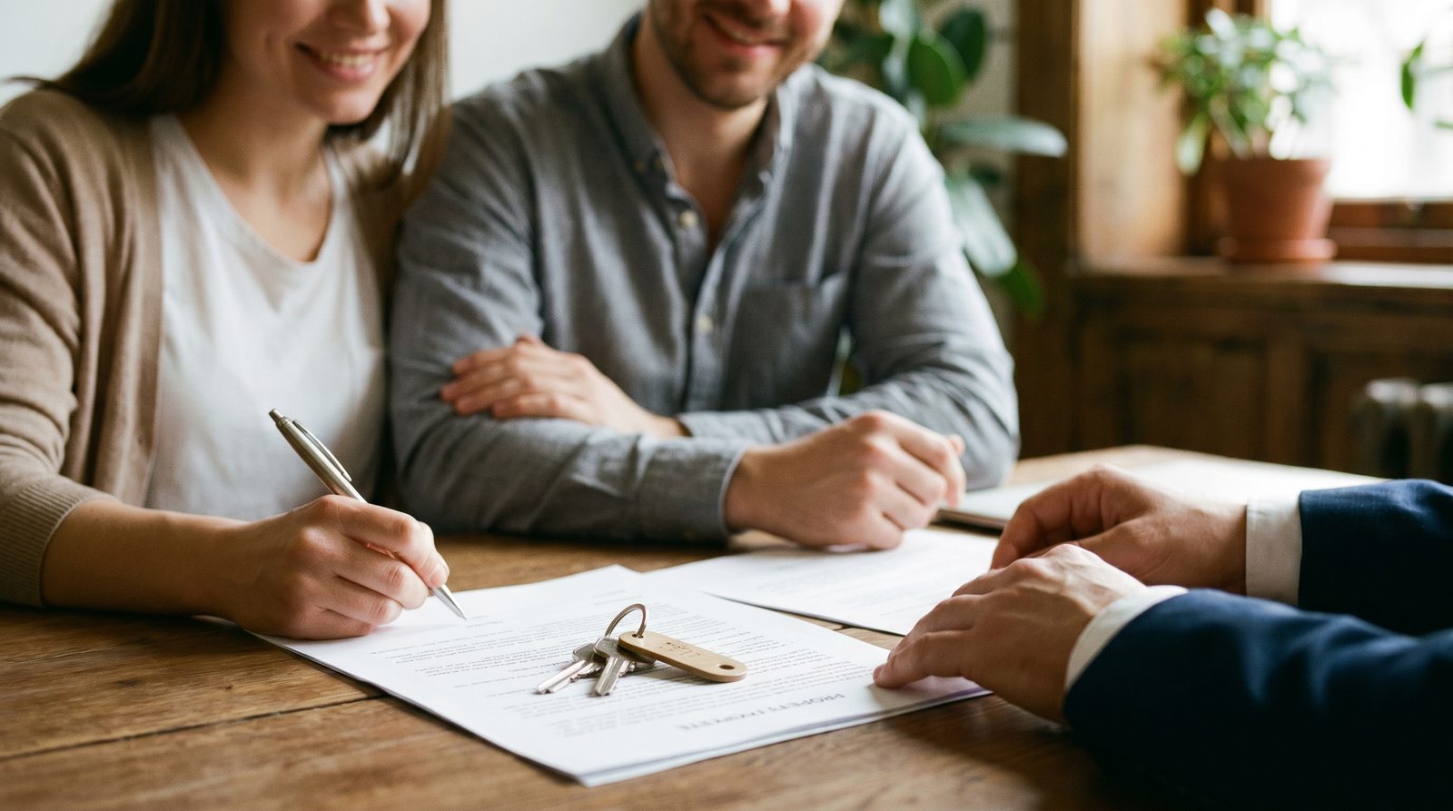 A couple signing an Offer to Purchase at a table with an estate agent and a set of house keys