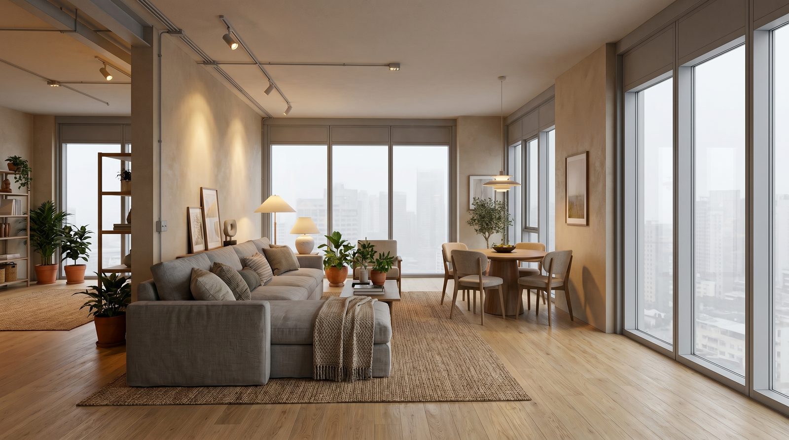The same off-plan render fully furnished and textured with a sofa, dining set, styling and warm light