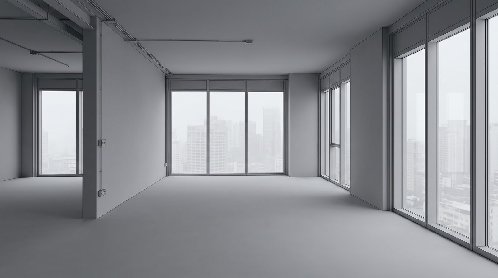 A plain grey 3D architectural shell render of an unfurnished off-plan apartment living space