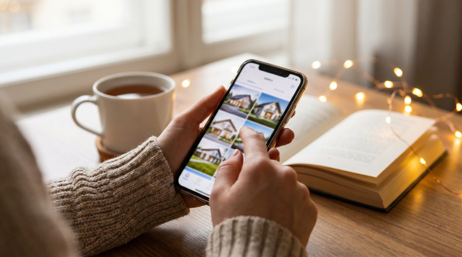 A buyer scrolling through property listings on a smartphone, deciding which homes to shortlist