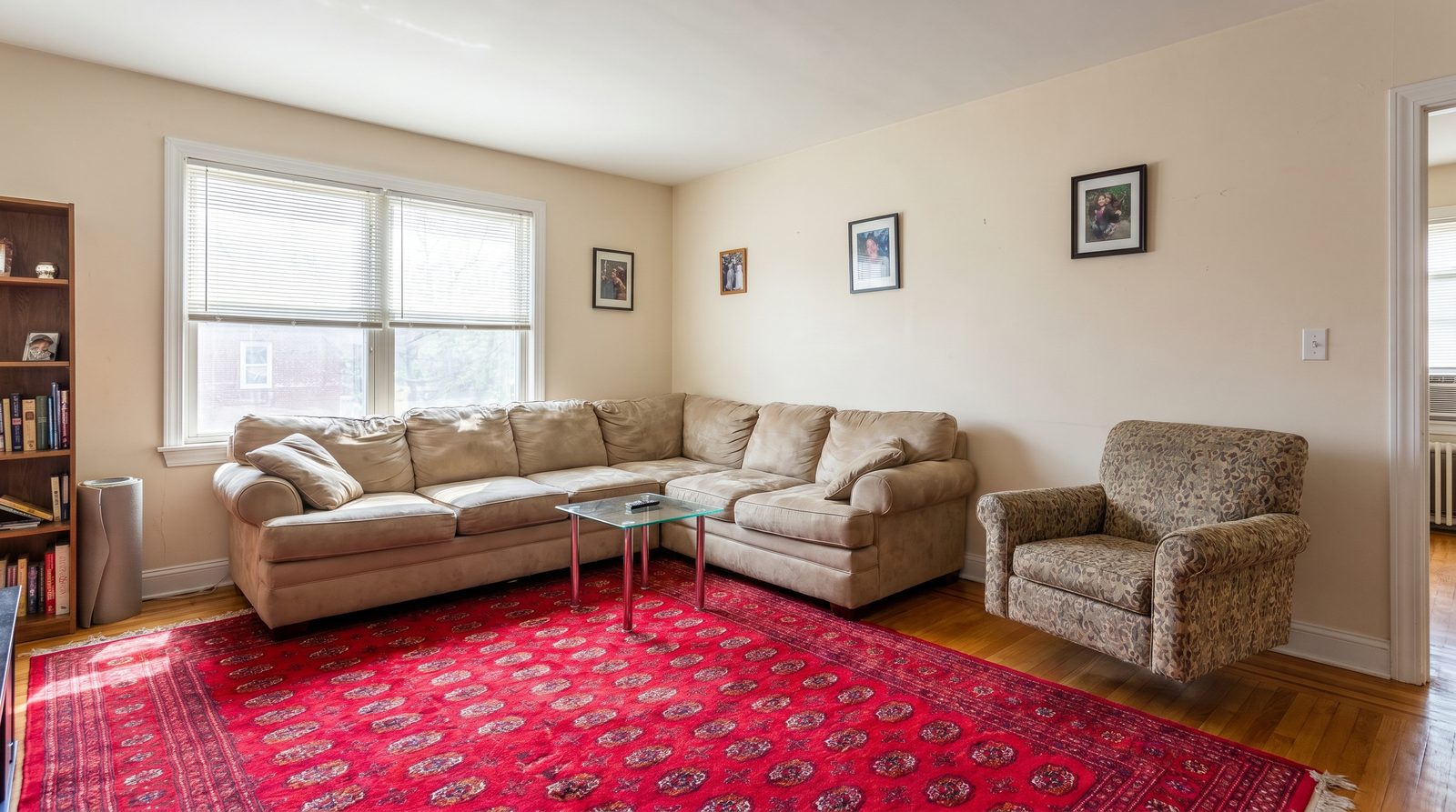An example of bad virtual staging: furniture at the wrong scale, clashing bold colours and pieces floating slightly off the floor
