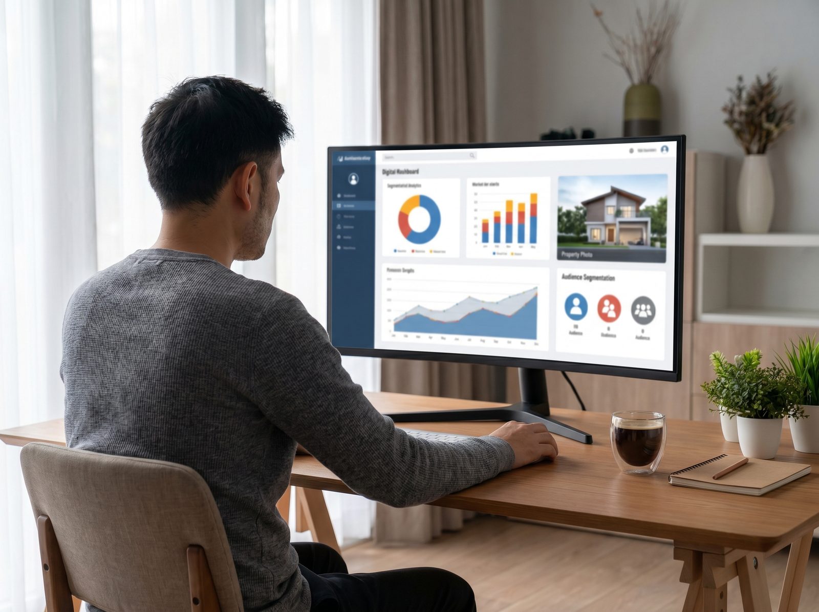 A marketer reviewing a digital advertising dashboard with charts and a property image creative on a monitor