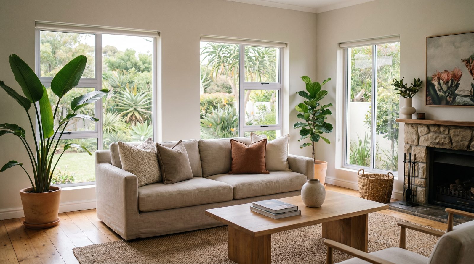 A still real-estate photograph of a sunlit living room before it becomes a video tour
