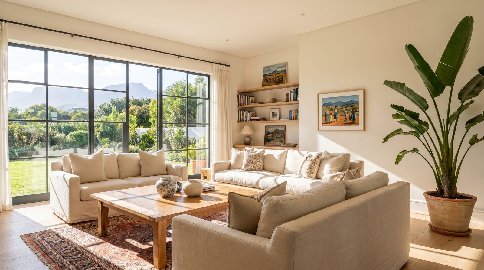 A still real-estate photograph of a sunlit living room before it becomes a video tour
