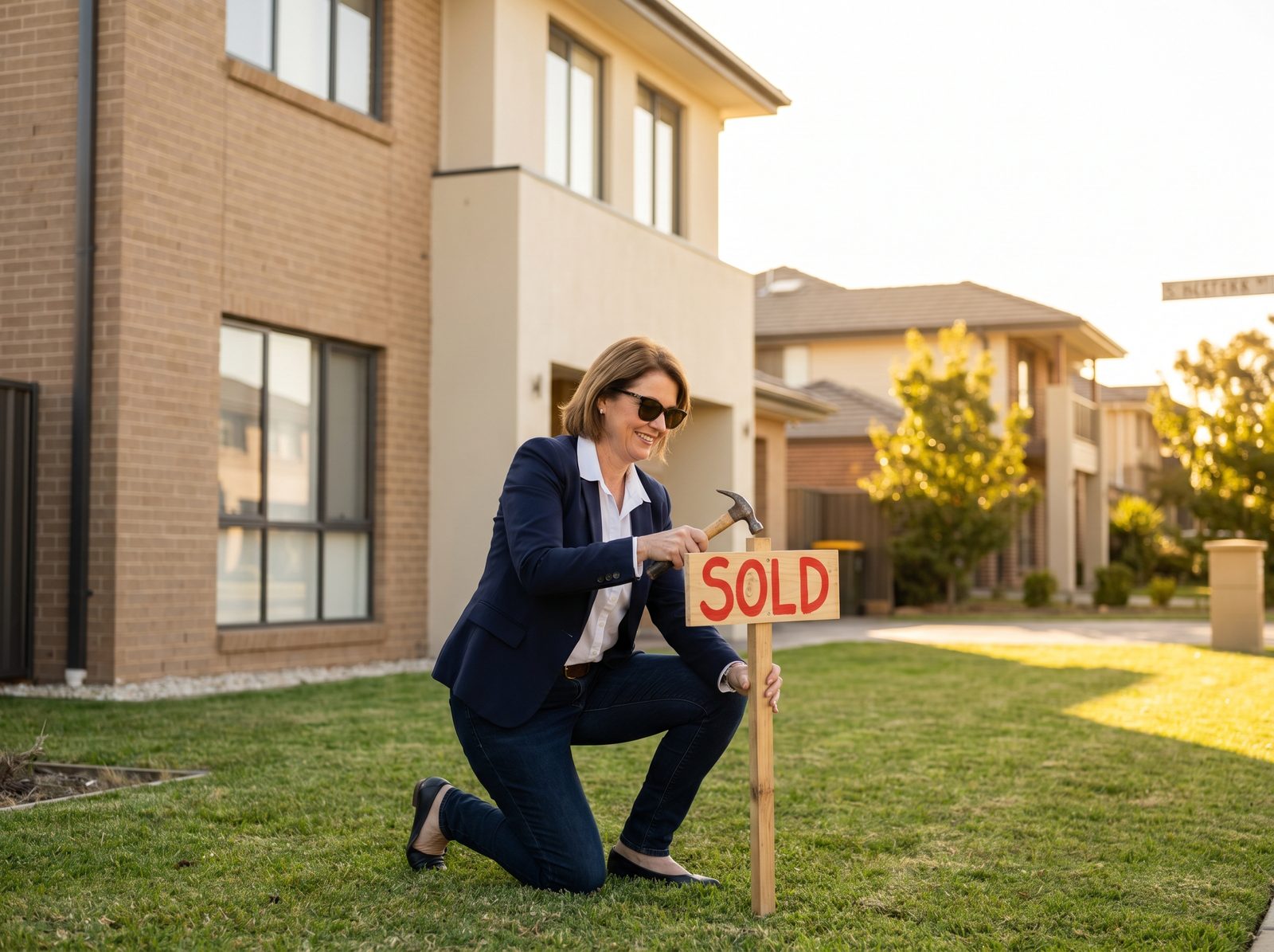 A South African estate agent placing a Sold board outside an attractive suburban family home on a sunny street
