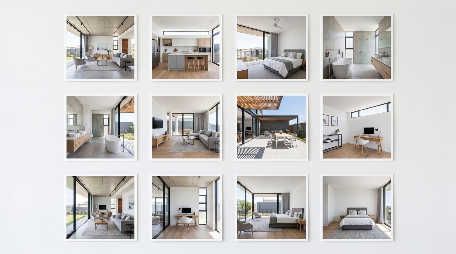 A flat grid of still property photo thumbnails, representing a slideshow rather than a real video