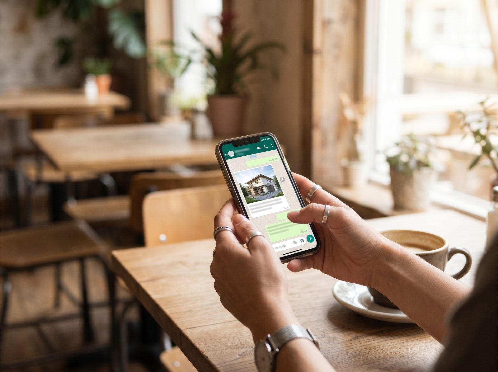 A South African estate agent's hands holding a phone showing a property being shared on a messaging app