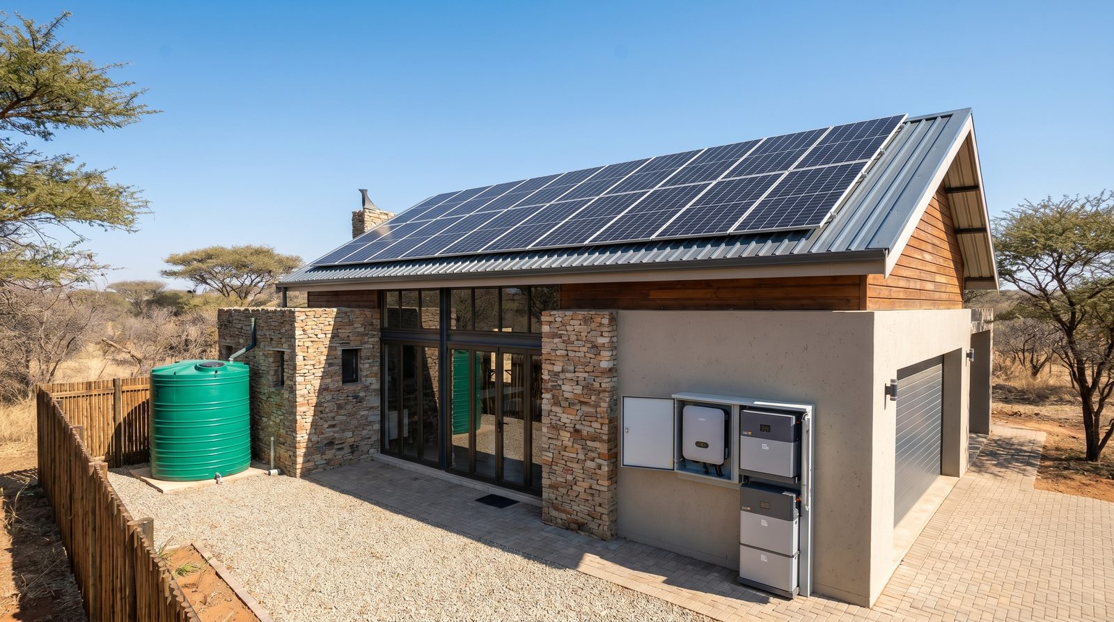 A modern South African home with rooftop solar panels, an inverter and a backup water tank, marketed as load-shedding ready