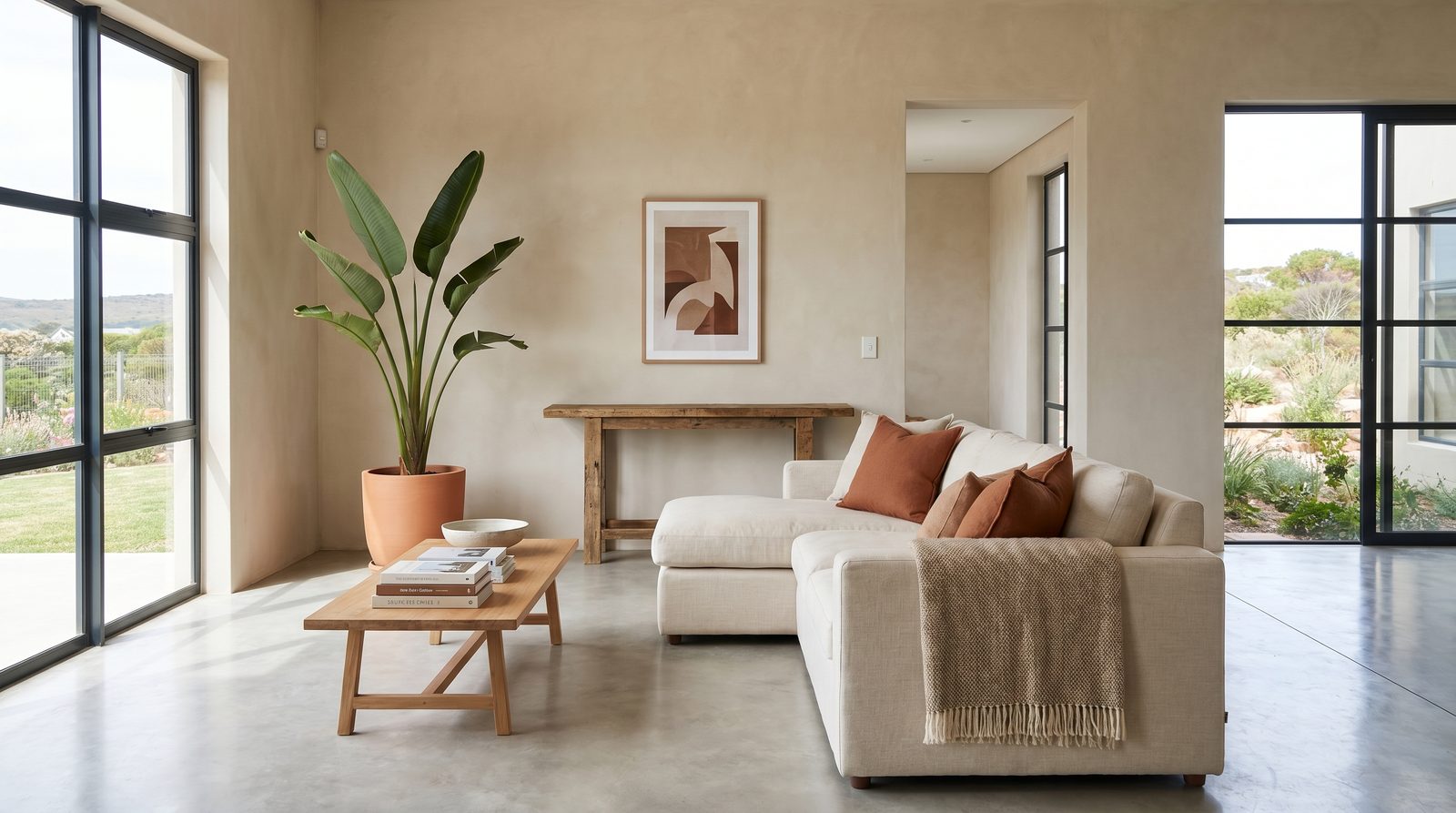 A bright, decluttered and neutrally styled South African open-plan living room ready for viewings