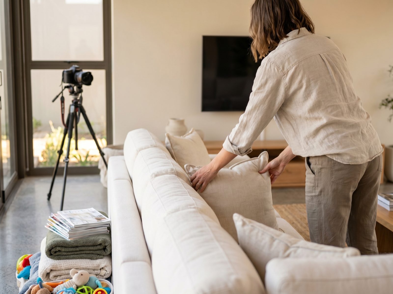 An estate agent tidying and staging a bright living room before a real estate photo shoot