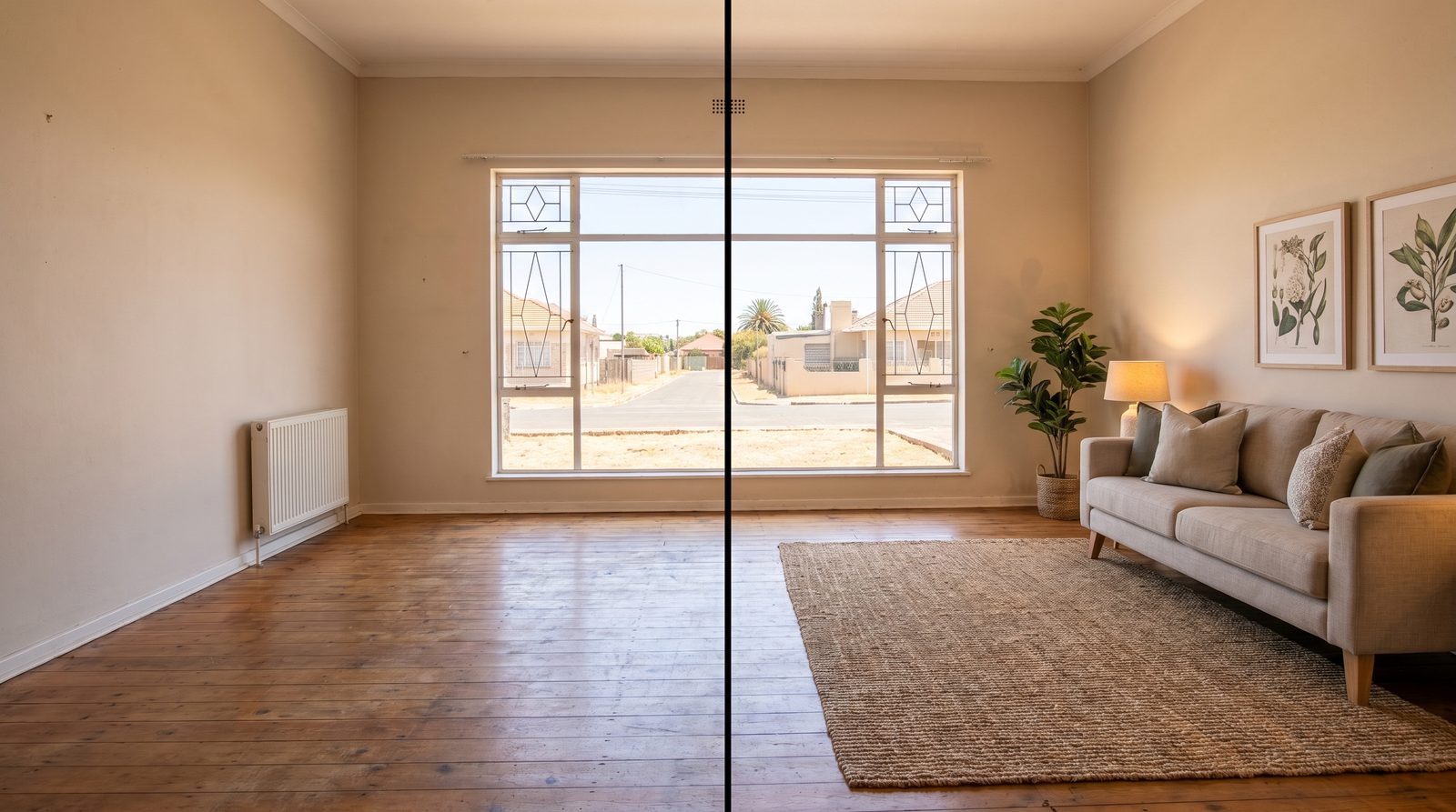 A before-and-after comparison of an empty South African room on the left and the same room virtually staged with furniture on the right