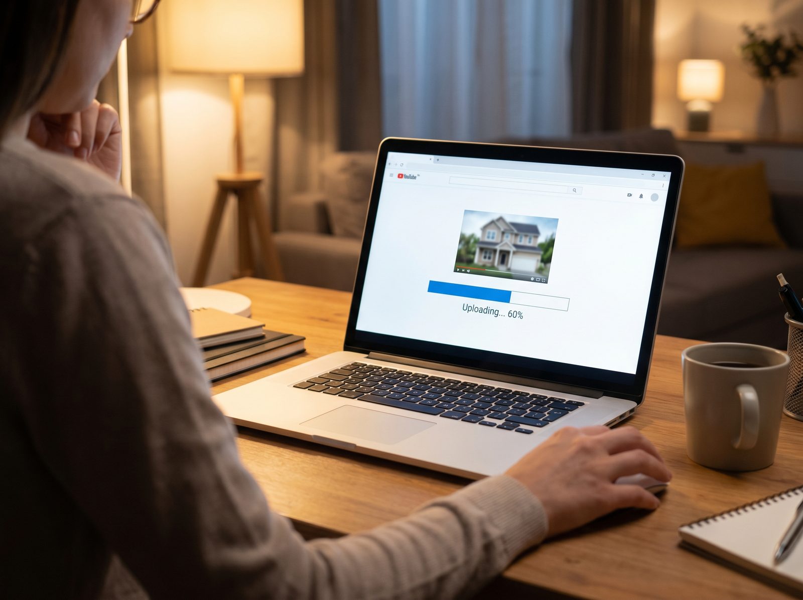 A person uploading a property video to a video-hosting platform on a laptop, showing an upload progress bar and a house thumbnail